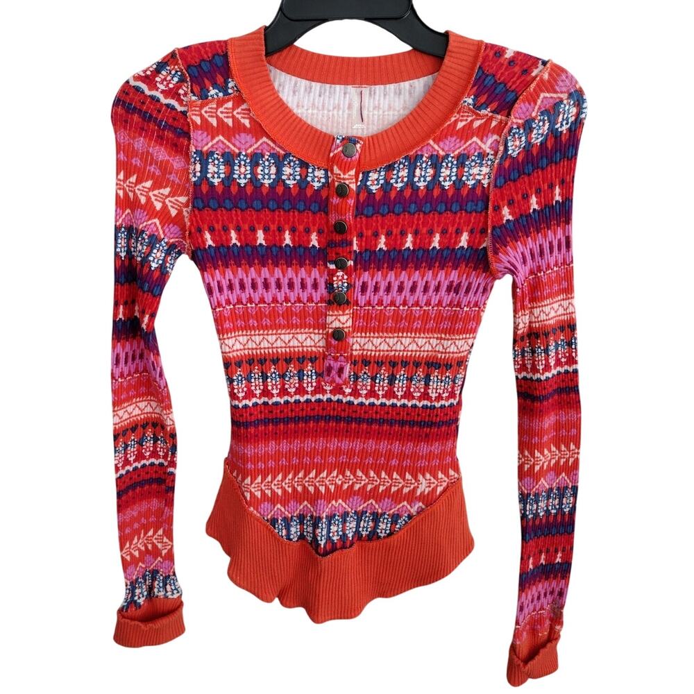 Free People Movement Rally Ribbed Long Sleeve Henley Top in Fired Up Combo XS